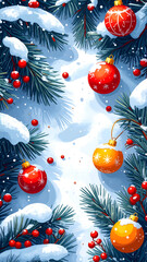 Festive Christmas Ornament Display with Snow and Evergreen Branches.