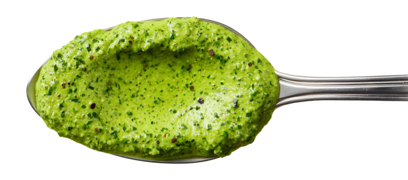 isolated spoon with pesto sauce
