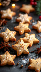 Delicious star shaped Christmas cookies with festive sprinkles on a dark background.