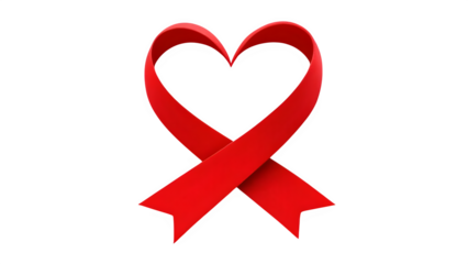 Red ribbon in heart shape, isolated on transparent background