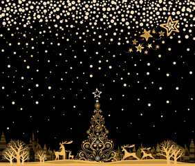 Luxury Gold Greeting Card Celebration black background with Landscape,  star, Christmas tree, deers and place for your text. Art design celebrate party invitation template Abstract Winter Night Vector