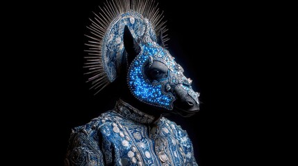 Regal horse mask adorned with blue sequins and intricate patterns, person in ornate costume, creative portrait against dark background