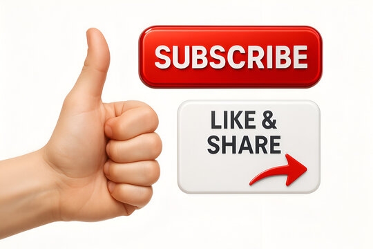 Hand showing thumbs up near red subscribe button isolated on white background digital marketing and social media growth concept
