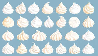 Fototapeta premium Creamy whipped dessert swirls in various shapes on a light blue backdrop