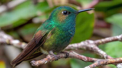 Fototapeta premium Vibrant Green Hummingbird Perched Gracefully on Branch Surrounded by Lush Foliage in Natural Habitat Captured in Stunning Detail and Clarity