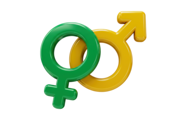 Gender symbols isolated on transparent background, green female and yellow male signs for equality and relationship concepts PNG