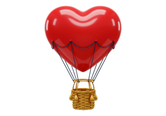 Red heart shaped hot air balloon isolated on transparent PNG, romantic love symbol for Valentine s Day and wedding decoration