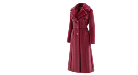 Isolated full-length wool coat with fur collar and belt for women, warm vintage style