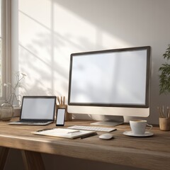 Fototapeta premium Workspace Serenity: A contemporary workspace, bathed in natural light, features a sleek desktop computer, laptop, smartphone, and coffee cup arranged on a wooden desk.