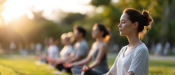 Mindful Meditation in Nature's Embrace: A serene group engages in a mindful meditation practice amidst the tranquility of a park at dawn, capturing the essence of peace and mindfulness.