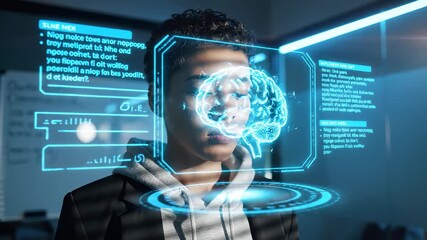 Woman studies hologram brain projection. Portrait shows thoughtful figure in office. Ai interface and technology overlay float near face. Futuristic innovation concept suggests business research - Powered by Adobe