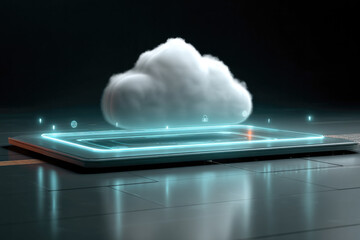 Futuristic cloud computing concept with glowing digital interface, technology innovation, and secure data storage in dark environment