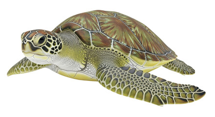 Isolated sea turtle swimming underwater, marine reptile with beautiful shell pattern