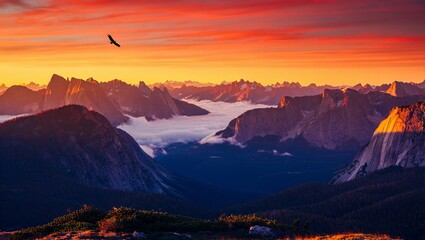 Majestic Mountain Range at Sunrise with Eagle Flying High image stock