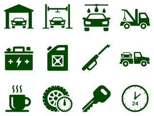 Automotive Service and Repair Icons Garage, Wash, Tow, Battery, Fuel, Key, and More