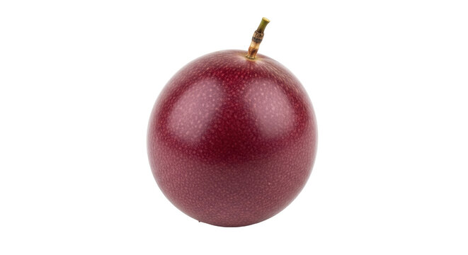 Isolated passion fruit of dark red color with pedicel on a light surface, still life