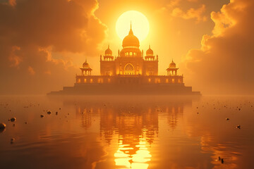 A floating golden palace reflecting sunlight like fire.
