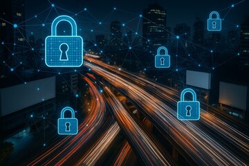 Digital padlock icons over city highway at night symbolizing cybersecurity and data protection in smart city technology concept network infrastructure. Ai generative
