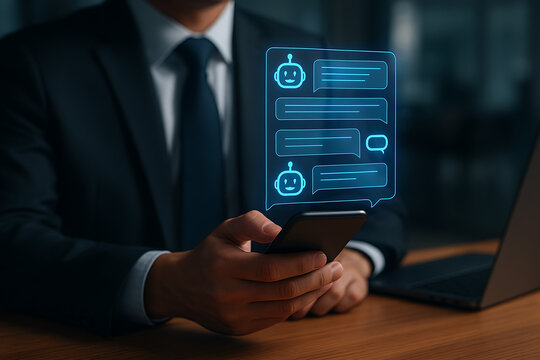 Businessman holding a phone displaying a holographic glowing chatbot interface with multiple dialogue bubbles and robot icons, representing automated support