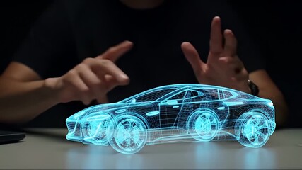 Futuristic Holographic Car Model with Glowing Blue Wireframe Display Interacting with Human Hands on a Tabletop Against Dark Background Representing - Powered by Adobe