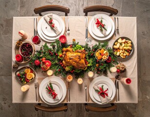 Fotografía aérea de mesa navideña con cena tradicional