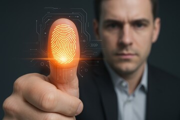 Man using biometric fingerprint scan for digital identification and data security technology concept on dark background with glowing interface elements. Ai generative