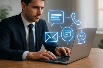 Businessman interacting with ai chatbot for customer service and support, showing communication options like email, phone, and text message on a laptop screen
