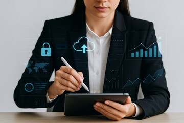 Businesswoman using digital tablet with holographic cloud computing and data analytics interface in modern workplace concept on gray background. Ai generative