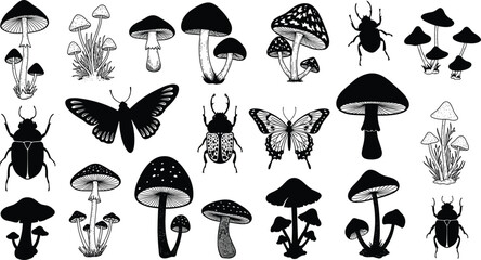 Mushroom, beetle, and butterfly silhouette set, black and white nature clipart, botanical fungi drawing, insect vector illustration