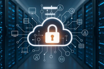 Cloud data security concept with digital lock and network connections over server room background showing cybersecurity technology idea. Ai generative