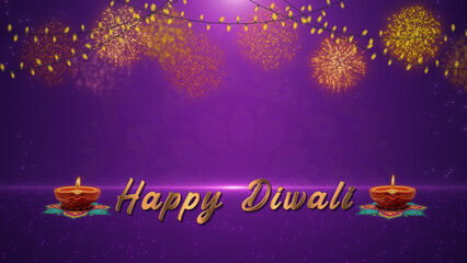 Happy Diwali Greeting with Glowing Diyas and Fireworks