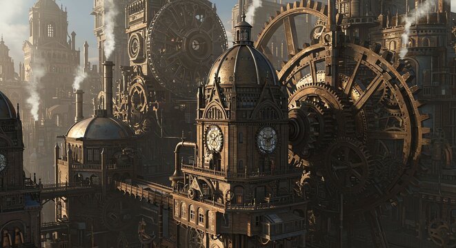 Steampunk Cityscape with Large Gears and Clock Towers in Industrial Setting