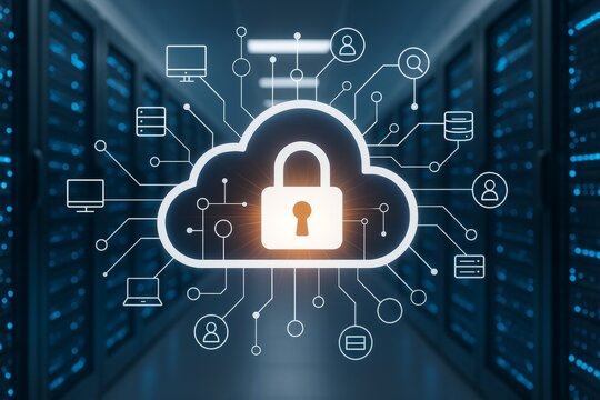 Cloud data security concept with digital lock and network connections over server room background showing cybersecurity technology idea. Ai generative