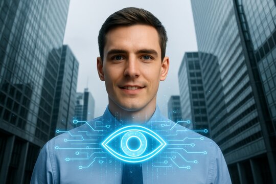 Businessman with futuristic digital eye interface symbolizing biometric identification and advanced technology concept in cityscape background. Ai generative