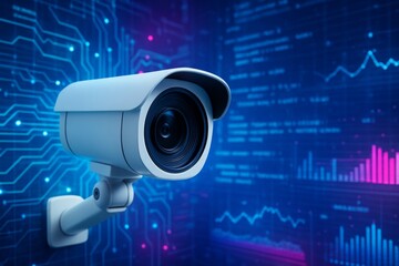 Surveillance camera close-up against digital interface with data and circuit patterns, representing modern security technology concept solutions. Ai generative