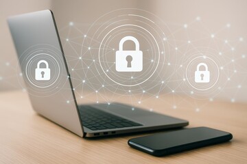 Cybersecurity concept with padlock icons over laptop and smartphone on desk, symbolizing data protection and digital privacy technology. Ai generative