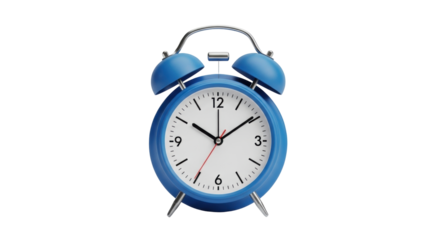 Isolated antique blue metal alarm clock showing the time as ten minutes to twelve o'clock