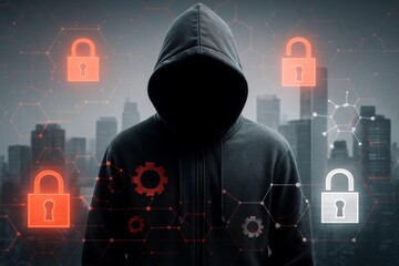 Mysterious hooded figure symbolizing cybersecurity threat with digital padlocks and gears over futuristic cityscape in a cyber defense technology concept. Ai generative
