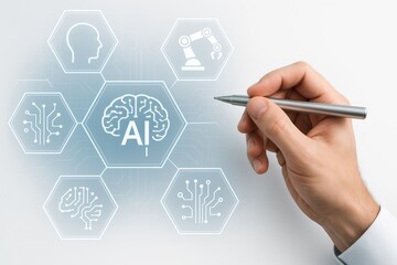 Hand interacting with digital AI icons representing artificial intelligence and automation technology concept on futuristic interface background. Ai generative