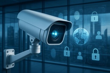 Surveillance security camera with futuristic digital interface icons representing global cybersecurity and data protection concept in modern office environment. Ai generative