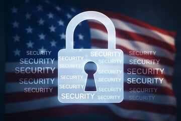 Cybersecurity concept with glowing padlock and repeated "SECURITY" text over blurred American flag background representing national data protection. Ai generative