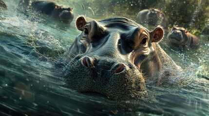 Fototapeta premium Hippopotamus pod swimming river, African wildlife, nature documentary