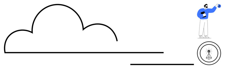 Cloud outline with networking signal icon and person holding a connected sphere. Ideal for cloud storage, networking, communication, data sharing, technology, innovation, digital transformation