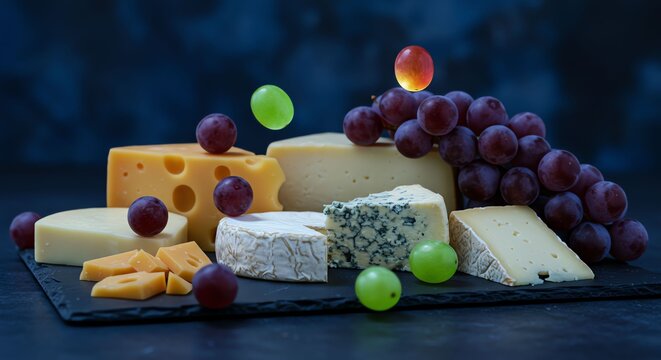 Assorted Cheese Platter with Red and Green Grapes on Dark Slate Background - Powered by Adobe