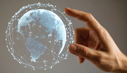  Hand touching digital hologram of Earth, glowing data streams, global connection concept