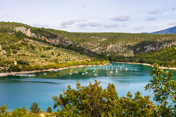 Sailboats Anchored on Lake Sainte-Croix Near the Village of Bauduen