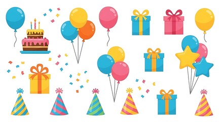 A collection of colorful birthday party elements including cakes, balloons, gifts, and confetti