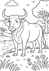 Black and white cartoon cow on a farm meadow, a cute animal vector illustration of domestic cattle