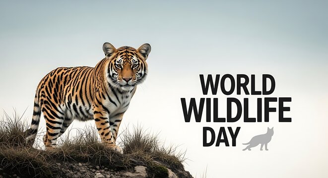 A majestic tiger stands on a rocky outcrop with the text world wildlife day and a silhouette