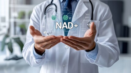 Doctor in lab coat holds glowing holographic NAD molecule structure, symbolizing medical science and biochemical research.